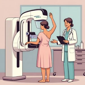 Il·lustració del procediment d’una mamografia durant una prova mèdica per al diagnòstic precoç del càncer de mama.