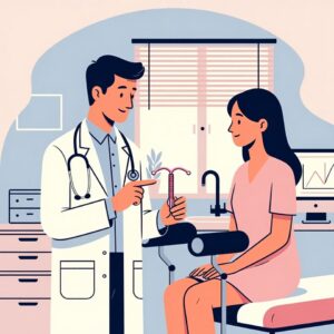 Ilustración de consulta ginecológica donde se explica el DIU como método anticonceptivo de larga duración.
