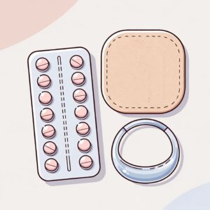 Ilustración de métodos anticonceptivos hormonales como píldora anticonceptiva, parche y anillo vaginal utilizados para prevenir el embarazo.