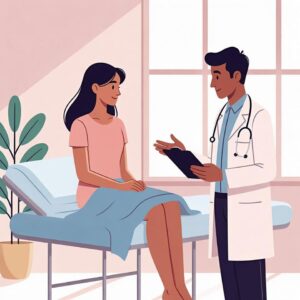 Il·lustració de visita ginecològica per revisions i control de la salut femenina.