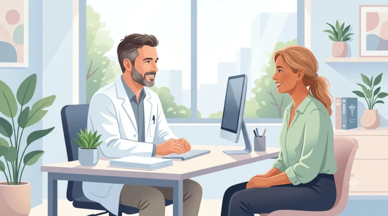 Ilustración de un ginecólogo conversando con una paciente en un ambiente de confianza durante una consulta