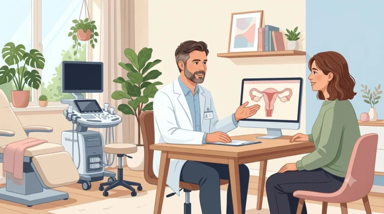 Ilustración de un ginecólogo atendiendo a una paciente durante una consulta ginecológica en una clínica moderna