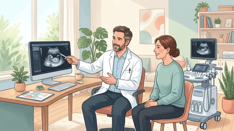 Ilustración de un ginecólogo explicando una ecografía a una paciente durante una consulta personalizada
