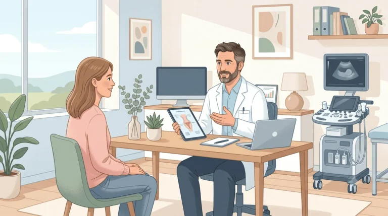 Ilustración de un ginecólogo explicando una revisión ginecológica a una paciente en una consulta moderna