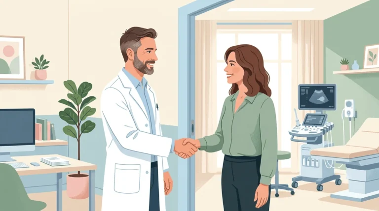 Ilustración de un ginecólogo despidiendo a una paciente tras una consulta con un trato cercano y profesional