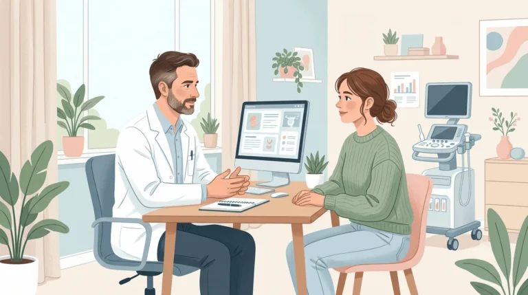 Ilustración de un ginecólogo atendiendo a una mujer durante su primera consulta ginecológica