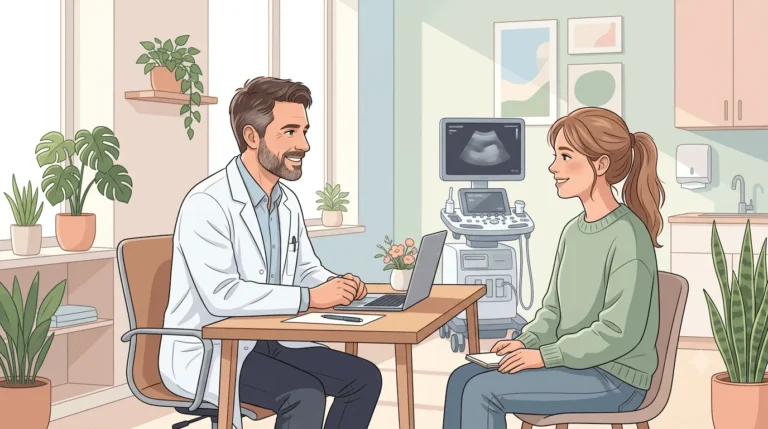 Ilustración de un ginecólogo orientando a una mujer joven durante su primera consulta ginecológica