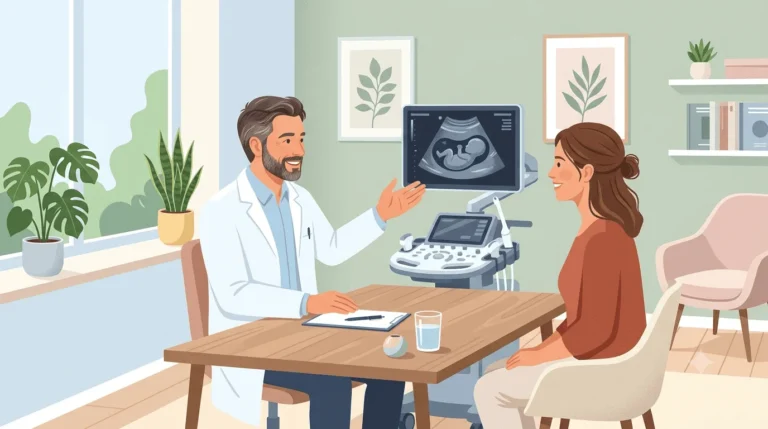 Ilustración de un ginecólogo asesorando a una mujer adulta durante una revisión ginecológica
