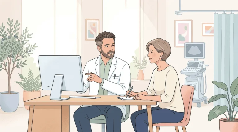 Ilustración de un ginecólogo atendiendo a una mujer durante una revisión en la etapa de la menopausia