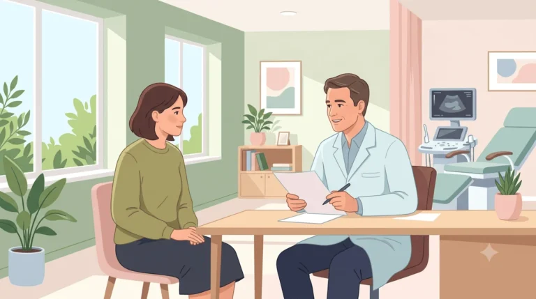 Ilustración de un ginecólogo realizando una revisión ginecológica preventiva a una paciente en una consulta moderna