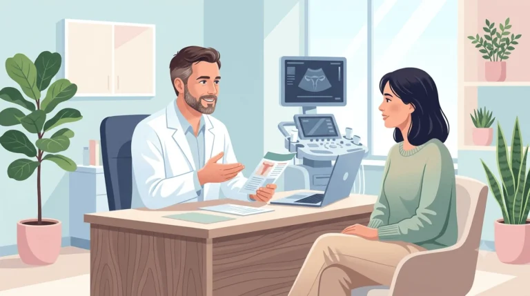 Ilustración de un ginecólogo realizando una revisión preventiva a una paciente sin síntomas