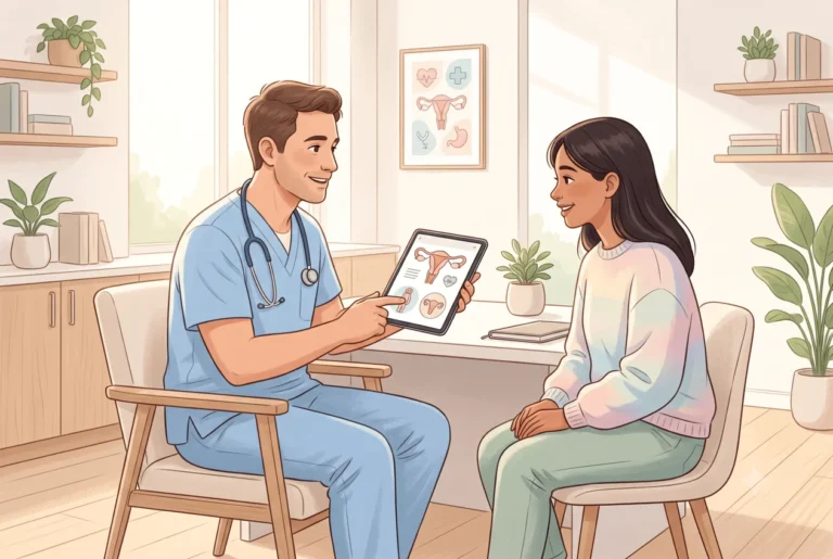 Ginecólogo asesorando a una mujer joven sobre salud ginecológica.