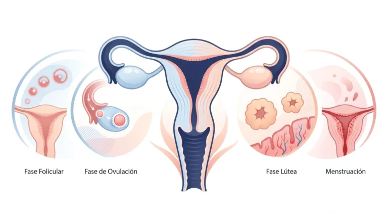 Ilustración médica sobre el flujo vaginal normal y el ciclo menstrual femenino