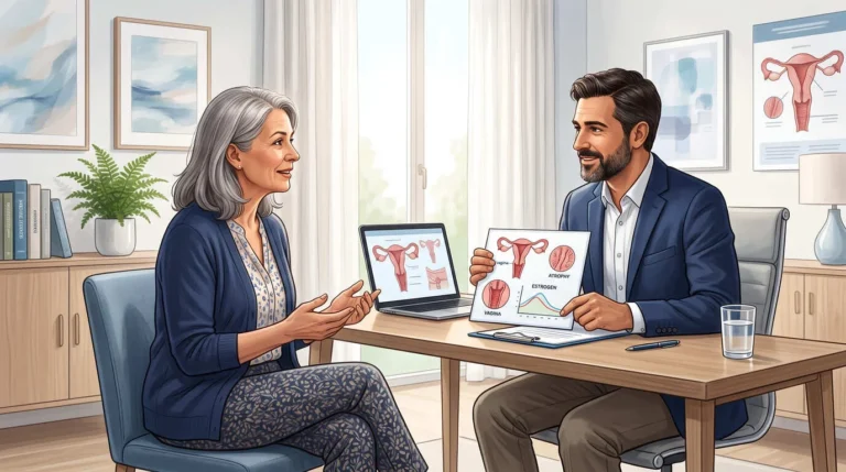 Ilustración médica sobre sequedad vaginal y molestias durante la menopausia