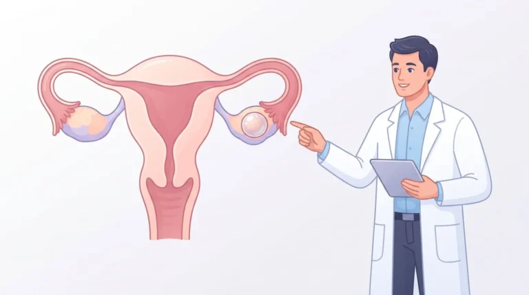 Ilustración médica de un quiste ovárico y el aparato reproductor femenino